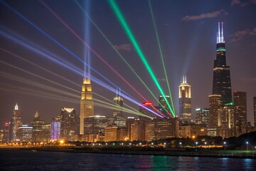 Fototapeta premium A Stunning Vibrant City Skyline at Night with Colorful Light Beams Creating a Digital Abstract Landscape Perfect for Modern Urban Aesthetics and Creative Projects