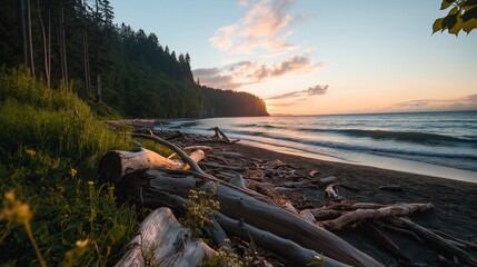 Sandy Beach with Driftwood and Crashing Waves at Sunset