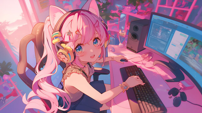 gamer girl is sitting on a gaming chair and playing games on the computer