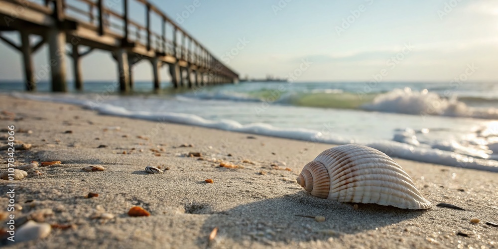 Poster a tranquil scene of a single seashell on the ocean shore dock with gentle waves lapping in the backg