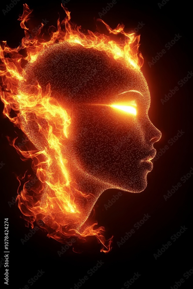 Poster burning head, artificial intelligence and consciousness metaphor abstract 3d rendering