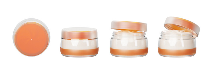 3d cream glass jar with beige gold cap mockup front top view isolated png render icon set. Cosmetic transparent container with white beauty skin care product, closed and open package. 3D illustration