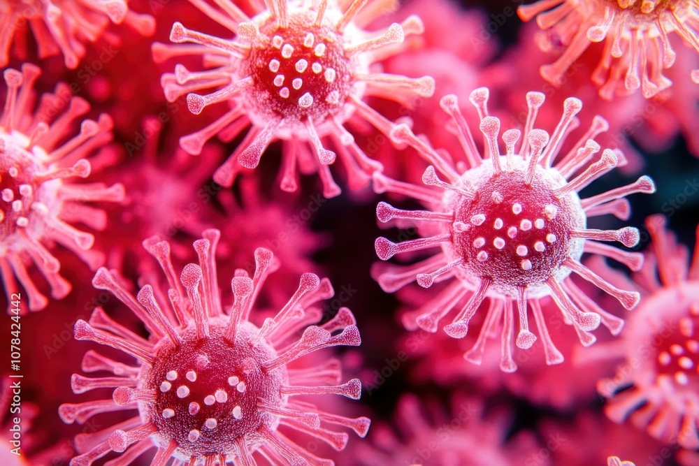 Poster close-up view of virus particles under a microscope revealing intricate structures and details