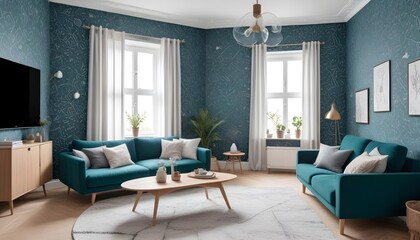 Scandinavian living room interior design zoom background,Doodle Galaxy patterned wallpaper graphics