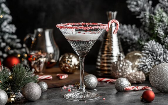 Peppermint Martini with Red and White Rim  Martini glass with a peppermint-flavored cocktail, festive crushed candy cane rim, and holiday decor around the glass 