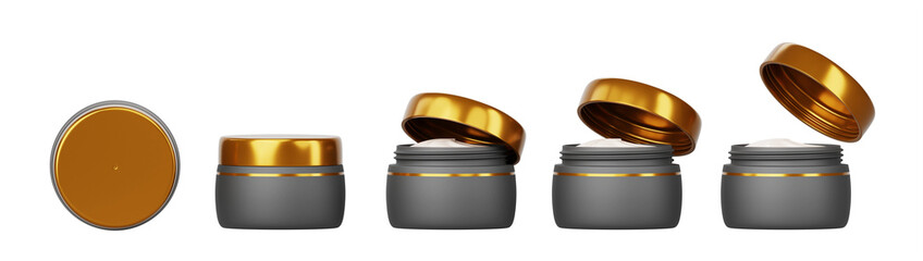 3d black cream jar with gold cap mockup front top view png render icon set. Cosmetic container with white skincare product isolated on transparent background, closed and open package. 3D illustration