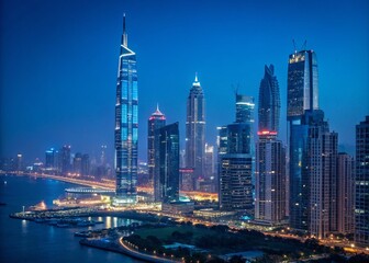 Naklejka premium A Vibrant Blue Illustration of a Modern City Skyline at Night Featuring Towering Skyscrapers Illuminated by Colorful Lights in a Stunning Urban Landscape