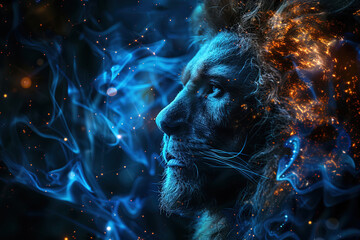 Leo predator with mane, man face symbol of constellation of zodiac horoscope of east, blue fiery neon background.