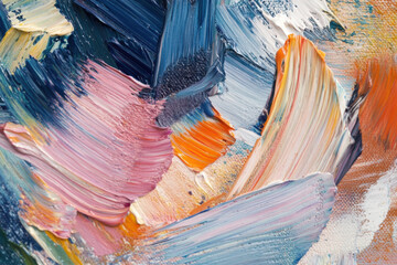 Close-Up of Oil Paint Strokes in Blue, Orange, and Purple Textures