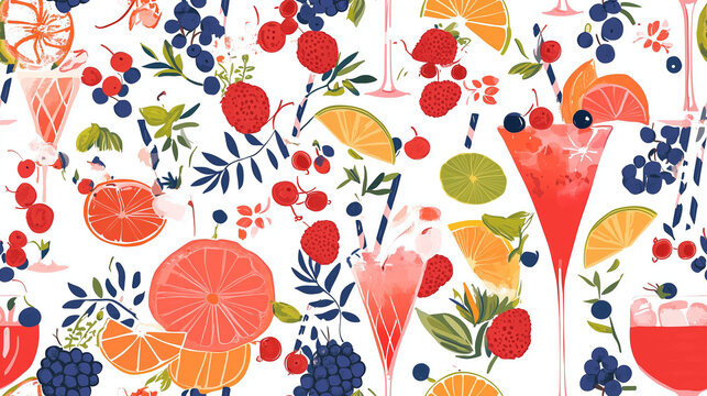 Summer cocktail pattern with citrus, berries, and floral garnish