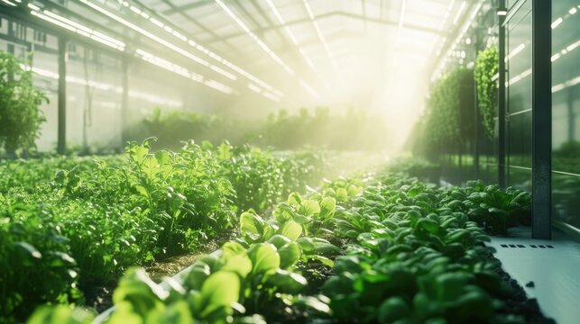 A view of a well-lit hydroponic farm with rows of plants thriving under indoor lighting. The modern greenhouse setting indicates efficient and controlled agriculture.