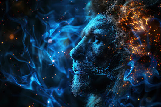 Leo predator with mane, man face symbol of constellation of zodiac horoscope of east, blue fiery neon background.