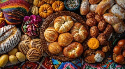 An assortment of freshly baked breads, sweets and pastries from various cultural backgrounds.