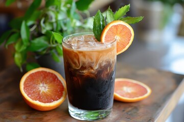 Fototapeta premium Chilled orange coffee garnished with peppermint and orange slices
