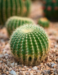 Small green cactus in desert garden, gravel bed, small rocks. Beautiful nature. Succulent plant.