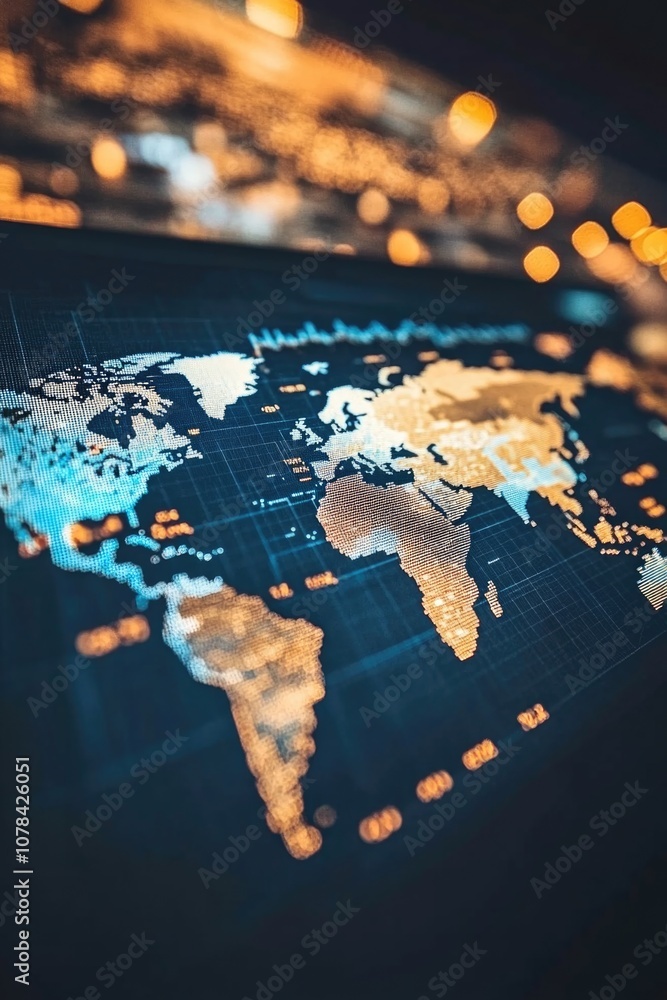 Poster high-tech business interface displaying global network and economic data, emphasizing international 