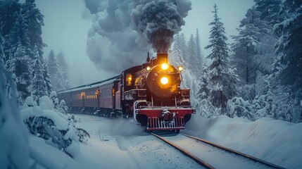 Naklejka premium A steam train with Christmas lights driving through the snow-covered forest, with a close-up of its headlight and smoke rising from its chimney. The background is a blue sky, with some white clouds.