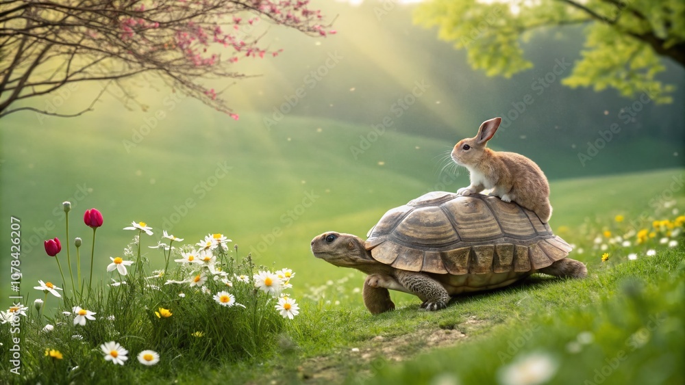 Poster a whimsical scene of a turtle carrying a rabbit on its back amidst a lush green landscape with ample