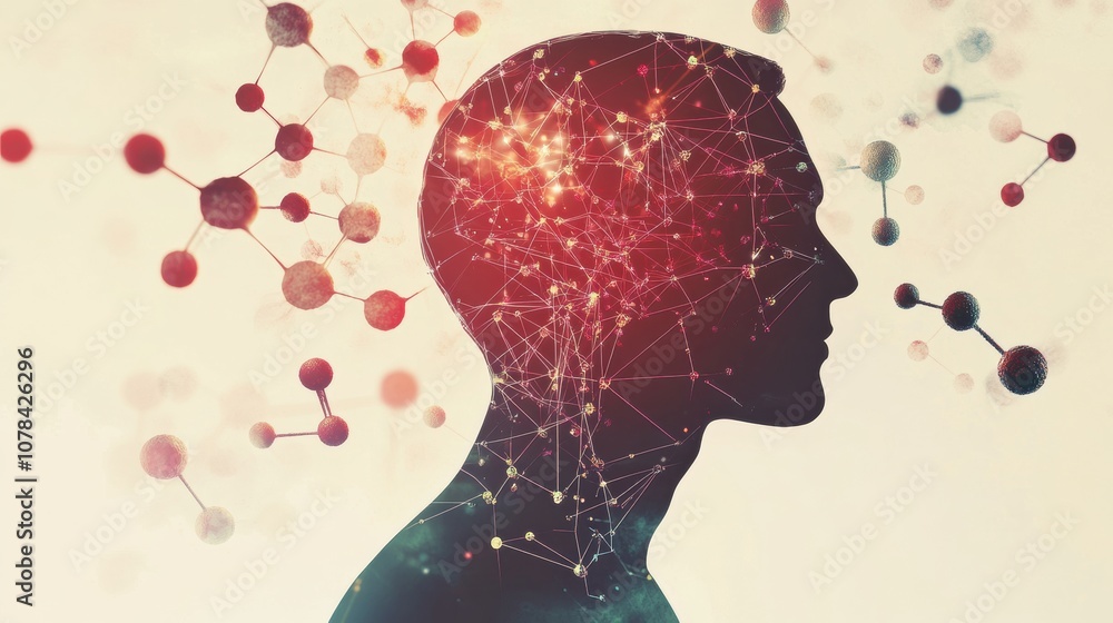Poster a human silhouette is surrounded by various molecules and diagrams, representing the intersection of