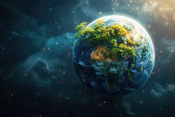 Obraz premium A miniature planet with lush vegetation floating through the vastness of space