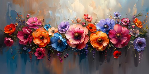 Abstract floral background with colorful poppies and other flowers. 3d illustration