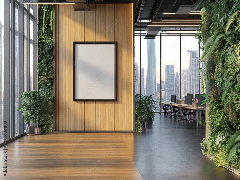 Poster large empty room with a white frame and a large window. the room is filled with plants and has a mod
