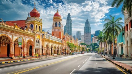 A wide street lined with colorful buildings and palm trees leads towards the Petronas Towers in Kuala Lumpur, Malaysia.