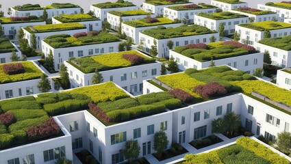 Fototapeta premium Net zero Impact Green Roof Housing: A sustainable community with rows of houses featuring verdant rooftop gardens, showcasing an eco-friendly and aesthetically pleasing urban design.
