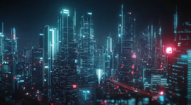 A futuristic city at night, illuminated with neon lights. The cityscape is made up of skyscrapers with glowing lines of code running down their sides