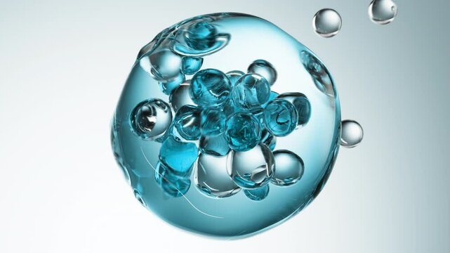 Blue cosmetic serum with liquid bubbles in a 3D abstract background. Hydrating essence gel enriched with collagen molecules. Moisturizing cream or oil for advanced skincare, beauty, and skin health.