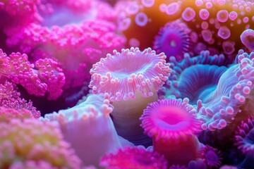 Colorful coral reef ecosystem thriving in vibrant shades of pink and blue underwater habitat