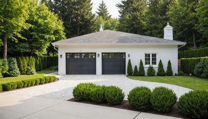 A white garage with two black doors is surrounded by lush green landscaping and a gravel driveway