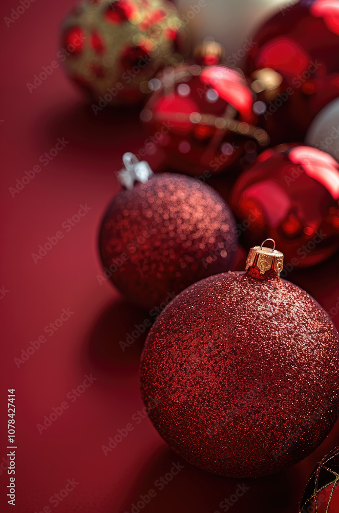 Poster a red background with a copy space is adorned with christmas ornaments. festive christmas.