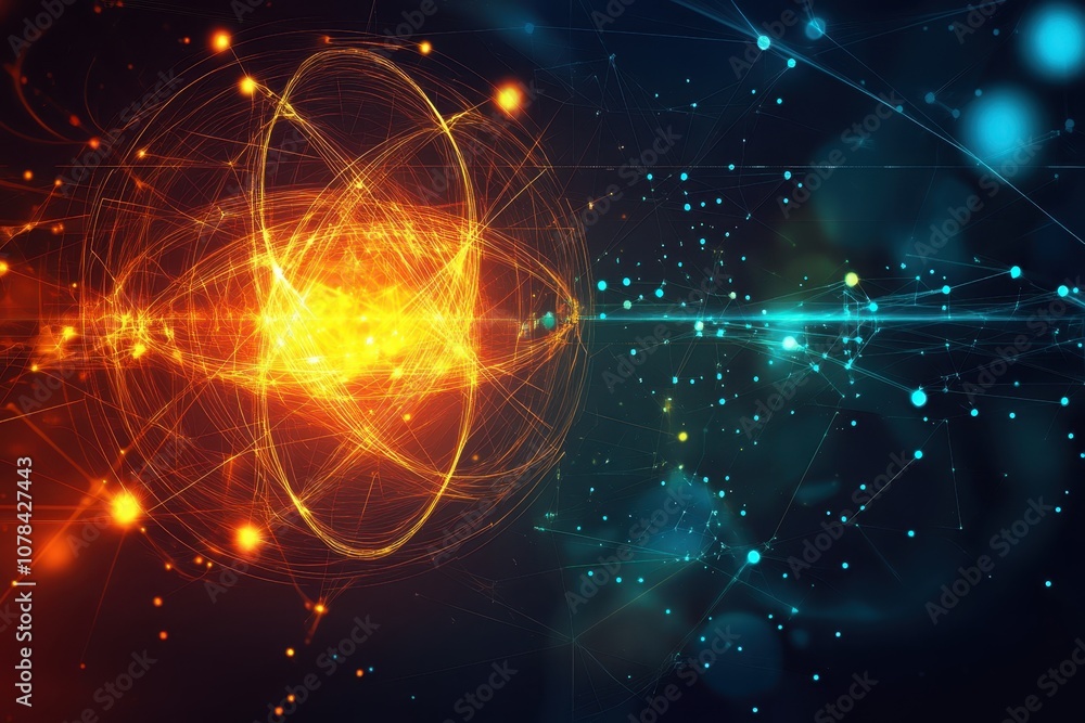 Poster an abstract representation of atomic energy and particle interactions in a cosmic setting