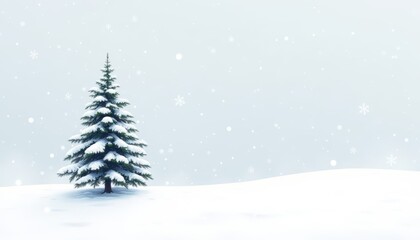 Naklejka premium Winter Wonderland scene, solitary snow-covered pine tree, gentle snowfall, minimalist design