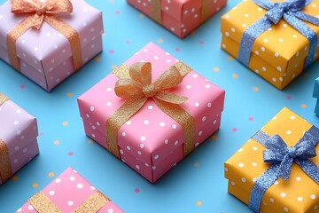 group of colorful wrapped presents with blue surface.