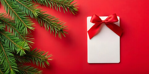 Blank white card, price tag with red bow, decorated with pine branches, on red background, free space for Christmas greetings, seasonal sales.