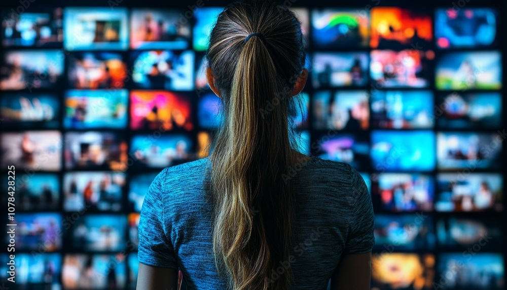 Poster woman monitoring multiple screens showing data and visualizations, media monitoring room