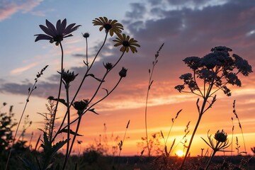 Obraz premium Beautiful Silhouette Photography of Flowers Against a Vibrant Sunset Sky, Perfect for Nature Lovers and Floral Enthusiasts Seeking Free Stock Images