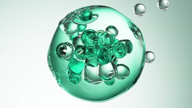 Turquoise cosmetic serum with liquid bubbles in a 3D abstract background. Hydrating essence gel enriched with collagen molecules. Moisturizing cream or oil for advanced skincare, beauty.