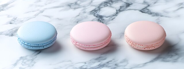 Obraz premium Close-up of three macarons in pastel pink and blue colors on a marble background, studio shot