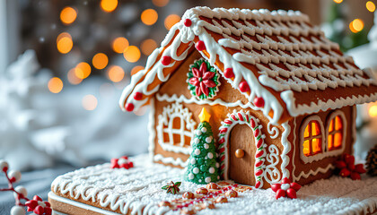 A festive gingerbread house adorned with icing snow, capturing the charm of holiday baking and traditional seasonal decorations.
