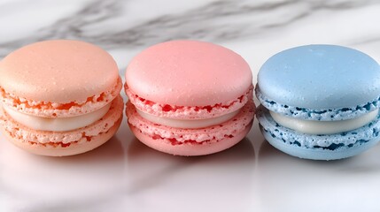 Obraz premium Close-up of three macarons in pastel pink and blue colors on a marble background, studio shot
