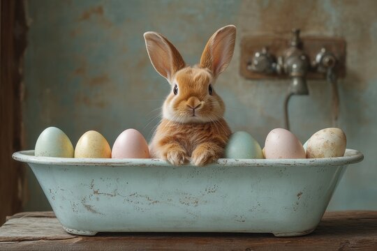 Adorable Easter bunny sitting in a bathtub with colorful eggs and spring vibes.