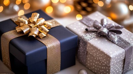 Two beautifully wrapped gift boxes with festive ribbons sit against a blurred background of warm holiday lights, creating a cozy atmosphere