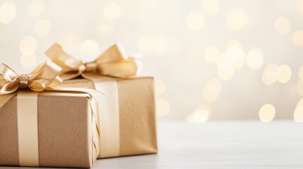 A beautifully wrapped gift box with a luxurious gold ribbon in soft, warm lighting, with blurred lights in the background for a festive feel