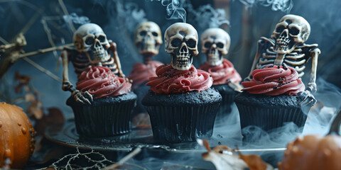 Skull Decorated Halloween Cupcakes with Red Icing on a Foggy, Cobwebbed Background
