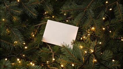 Fototapeta premium Blank White Card Framed by Illuminated Christmas Tree Branches for Festive Holiday Messages, Perfect for Seasonal Greetings and Celebrations