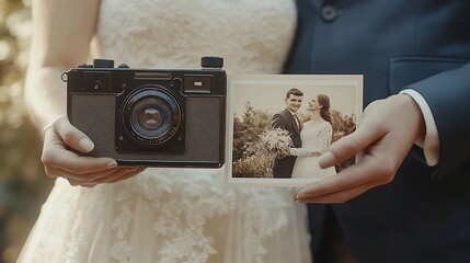 Bride and groom holding a vintage camera and a photo of a couple.