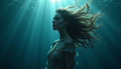Fototapeta premium Siren with flowing hair, serene expression, underwater setting, tranquil ambiance